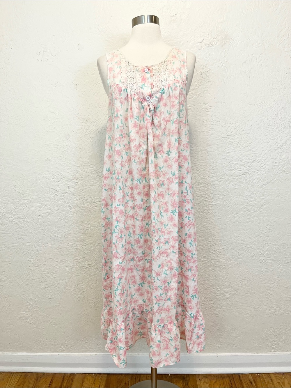 Vintage Nightgown Dress Cottagecore Farmhouse Boho Prairie White Pink Floral S
